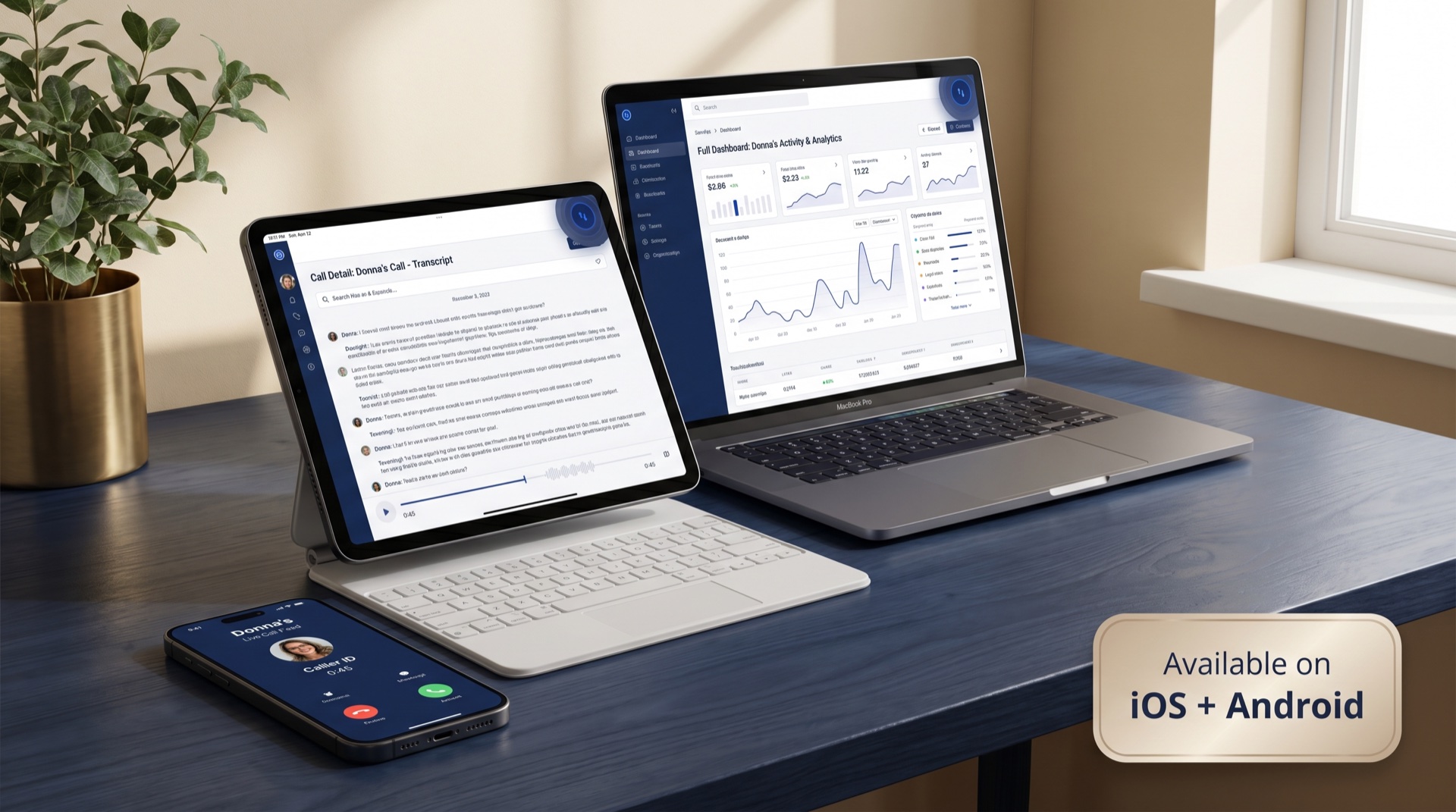 Donna running on iPhone, iPad, and laptop side by side with sync indicators